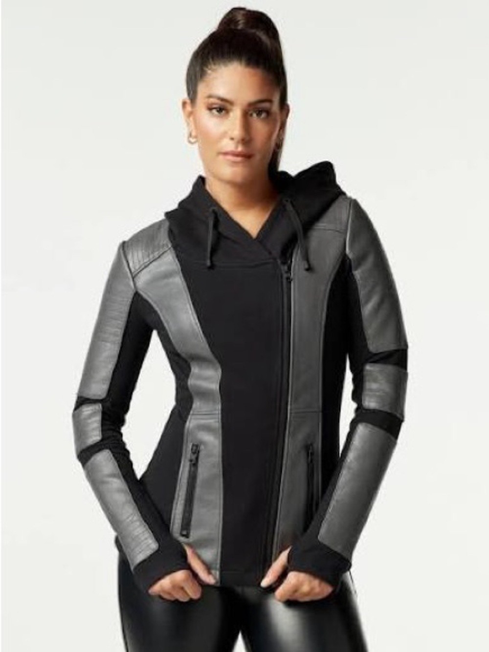 ASYM VEGAN LEATHER HOODED MOTO - BLACK BONDED FRENCH TERRY